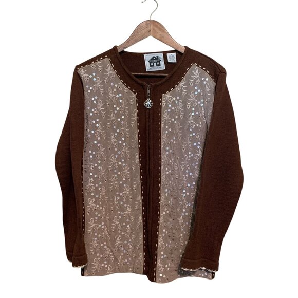 Brown Cardigan Lace Front Panels Rhinestone Zipper Pull Grannycore - Picture 3 of 10